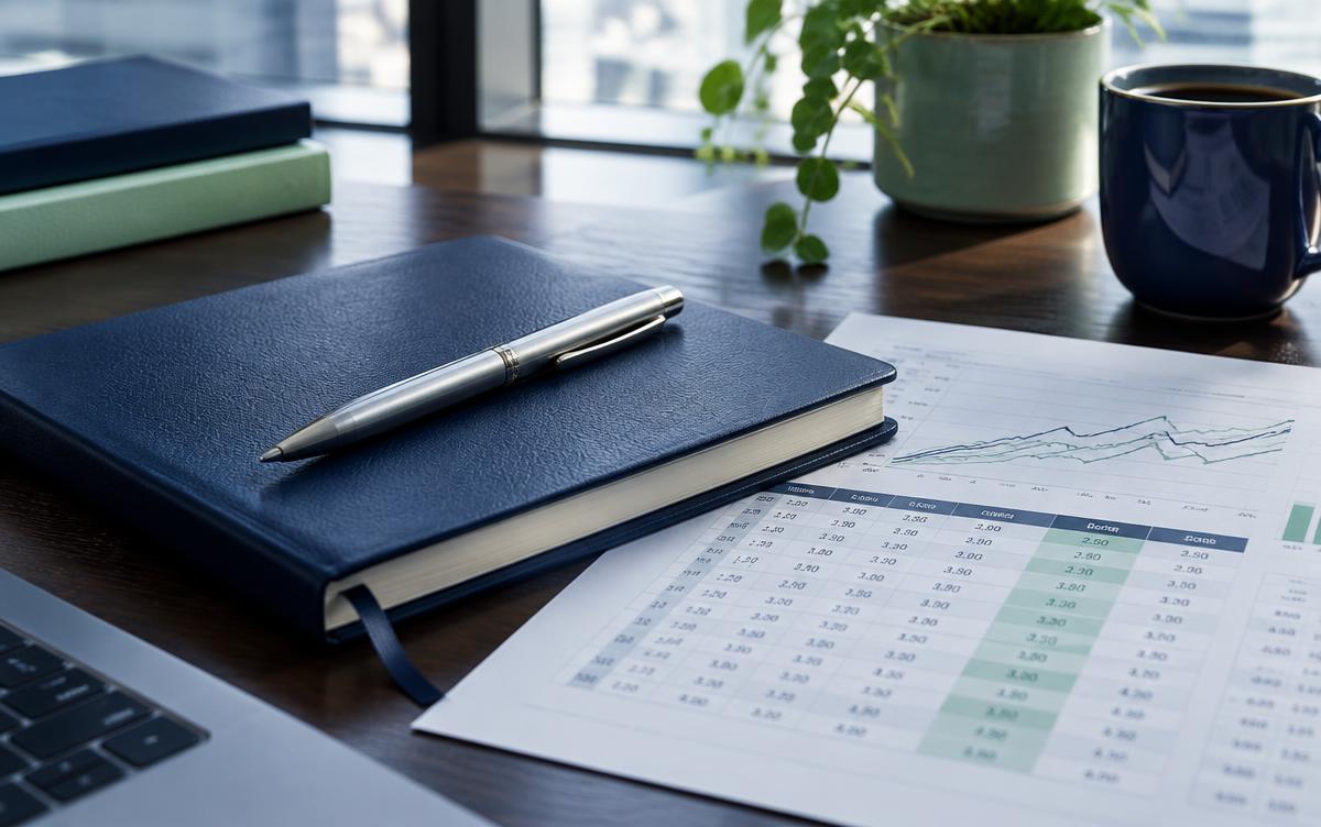 Notebook and market rate research on an analyst's desk